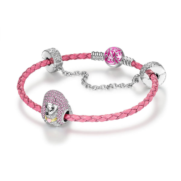 NINAQUEEN Lovely Poodle Series Sterling Silver Charm with Pink Leather Bracelet Jewelry Set