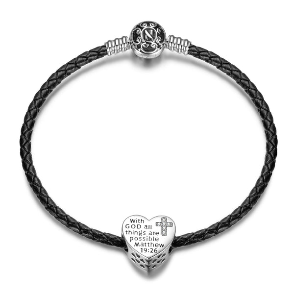 NINAQUEEN Heart Series Sterling Silver Charm with Black Leather Bracelet Jewelry Set