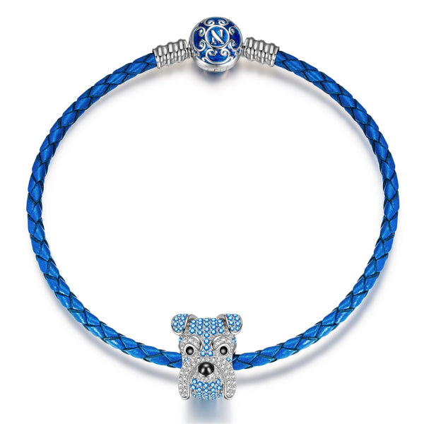 NINAQUEEN Cute Schnauzer Series Sterling Silver Charm with Blue Leather Bracelet Jewelry Set