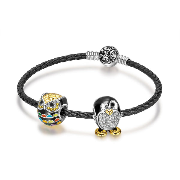 NINAQUEEN Cute Owl And Penguin Series Sterling Silver Charm with Black Leather Bracelet Jewelry Set