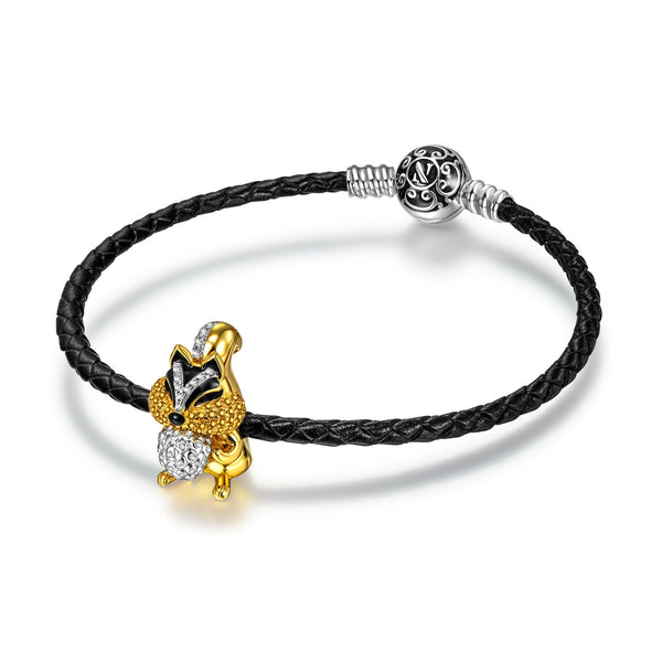 NINAQUEEN Cute Squirrel Charm Sterling Silver Charm with Black Leather Bracelet Jewelry Set