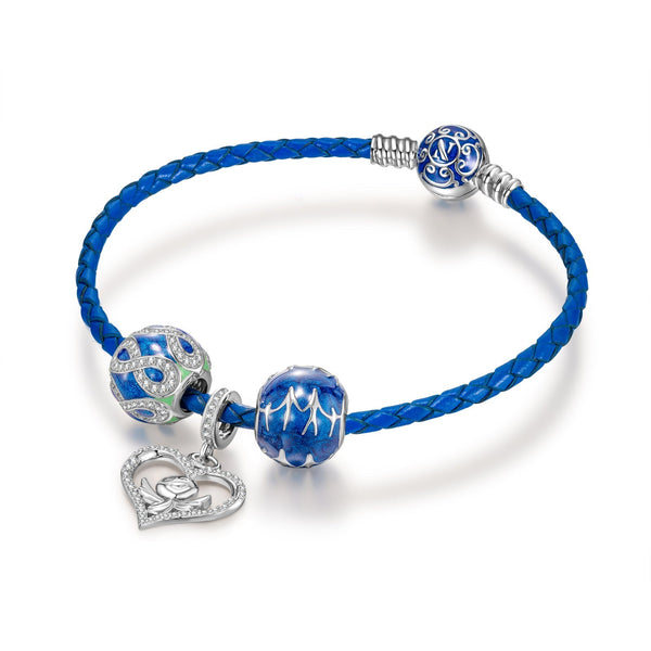 NINAQUEEN Love of Family Series Sterling Silver Charm with Blue Leather Bracelet Jewelry Set