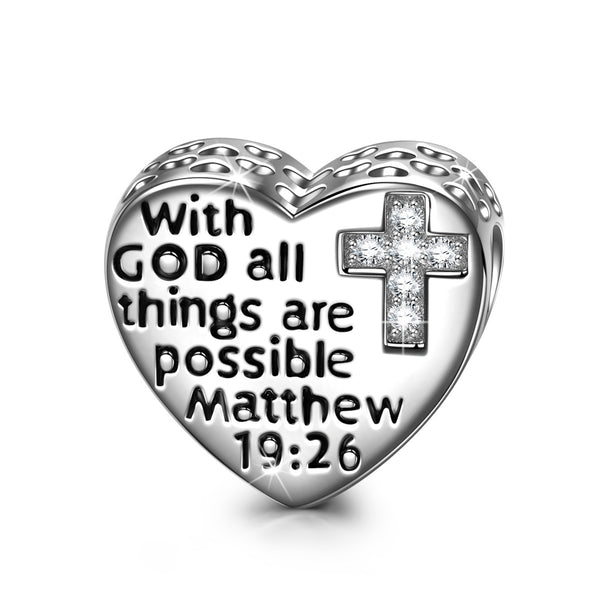 AG180 "With God All Things Are Possible" Sterling Silver Charms with Cubic Zirconia Cross, Compatible with Charms Bracelet and Necklace, Jewelry Box included for Gift