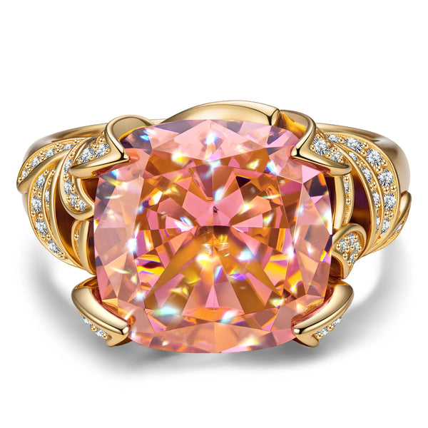 ININY Cushion Modified Brilliant Cut Padparadscha Sunset Glow Ice-Frosted Sparkle Lab Zircon - Pave Classic Engagement Ring 14K Yellow Gold Plated