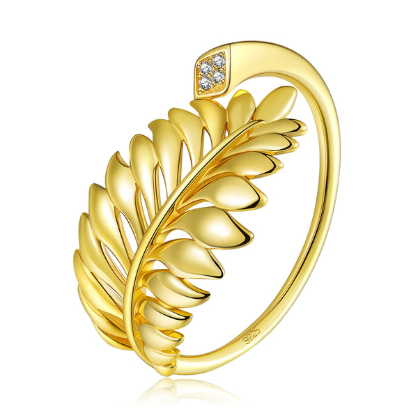 NINAQUEEN Sterling Silver Olive Leaf Adjustable Open Ring In 14K Gold Plated